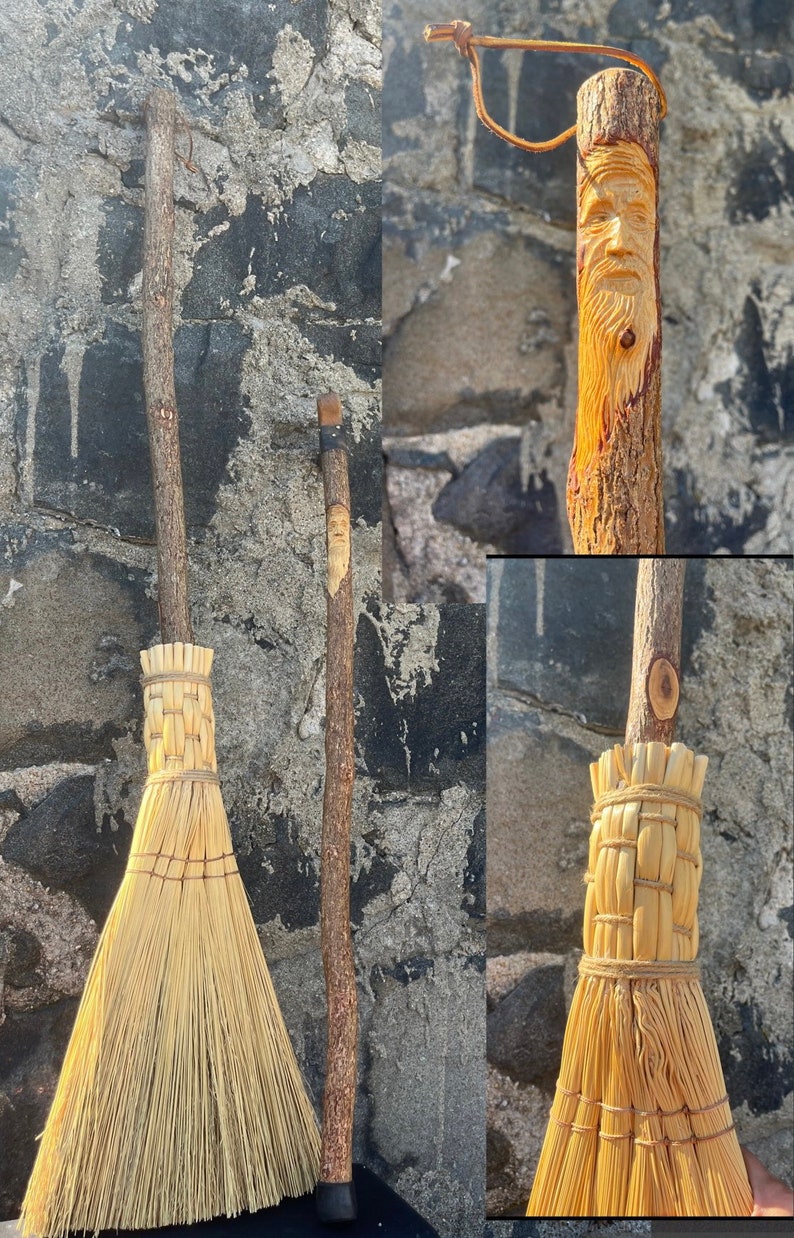 Broom With Tree Spirit Carving Natural Wood Broom Wood Etsy