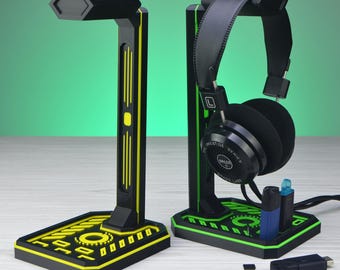 Headphone Stand with USB Flash Drive & MicroSD Card Organizer, Cyberpunk Style.