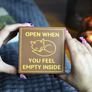 Op de afbeelding: Een bruine vierkante doos met gouden letters en een illustratie van een slapende vos. De tekst luidt "OPEN WHEN YOU FEEL EMPTY INSIDE". De doos wordt voor een vage achtergrond gehouden.
