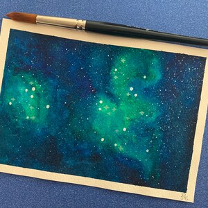Originele handgeschilderde aquarel schilderij - blauw sterrenstelsel - A5 - aquarel