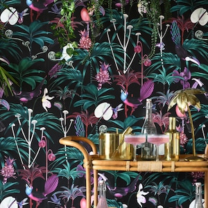 Witch and Watchman Xanadu Dark Wallpaper | Luxury Tropical Wallpaper for Interior Walls | Easily Removable