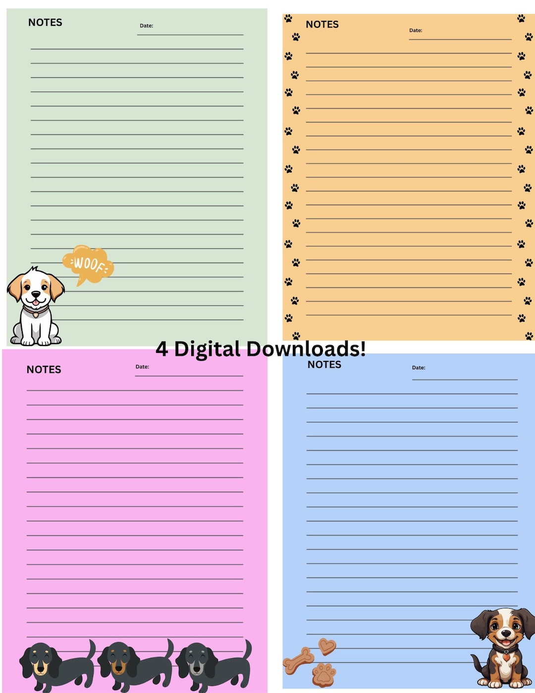 Printable Dog-themed Note Pages | Cute Puppy Lined Stationery | Instant ...