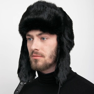 Men&#39;s Black Rabbit Full Fur Aviator Hat, Top Quality
