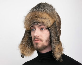 Men's Brown Beaver & Fox Full Fur Trapper Hat