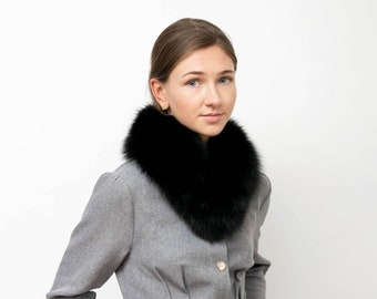 Women's Black Fox Fur Collar, Saga Furs, High Quality