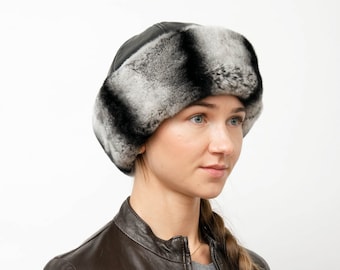 Women's Real Rex Rabbit Fur Winter Hat With Raccoon Fur Flower - Peaked Cap Style - View #3