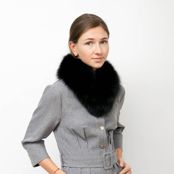 Women's Black Fox Fur Collar, Saga Furs, Top Quality
