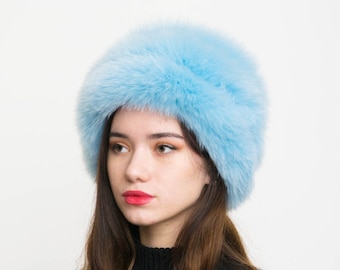 Women's Blue Fox Fur Hat, Saga Furs, Top Quality