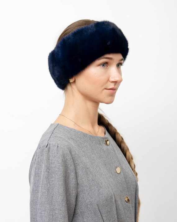 Mink Headband Navy Color !! Navy Blue Fox Headband 0122 – MARC KAUFMAN FURS main image 3