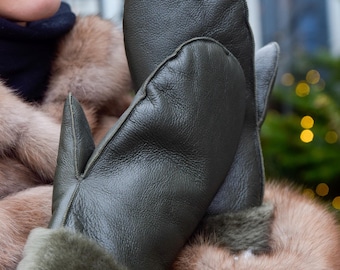 Green Sheepskin/Shearling And Full Fur Women's / Men's Mittens