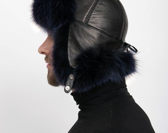 Chapeau de trappeur pour homme en fourrure de renard bleu foncé, Saga Furs, Top Quality