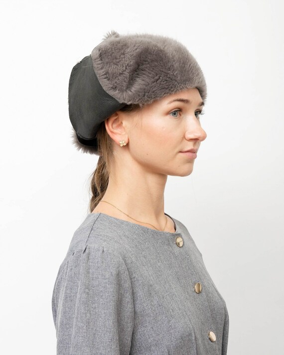 Women's Grey Shearling Aviator Hat 