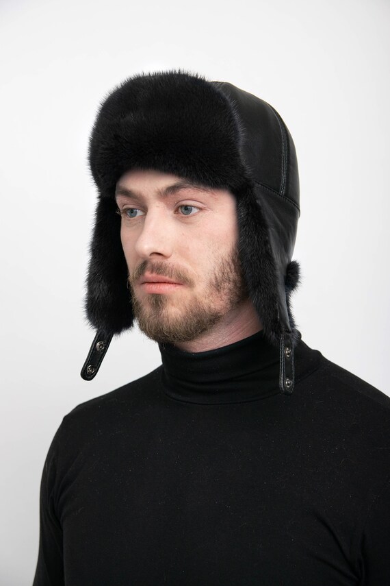 Men s Black Mink Fur Trapper Hat Etsy