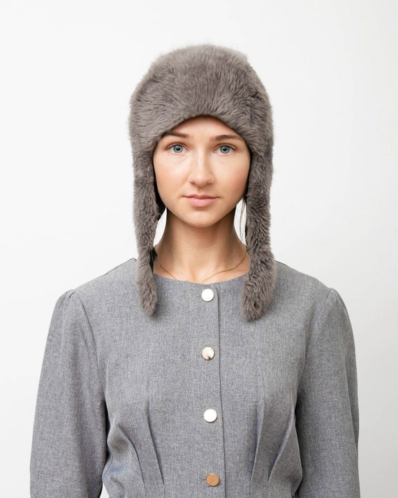 Women's Grey Shearling Aviator Hat 