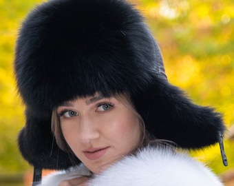 Chapeau de trappeur en fourrure de renard bleu pour femme, Saga Furs, qualité supérieure