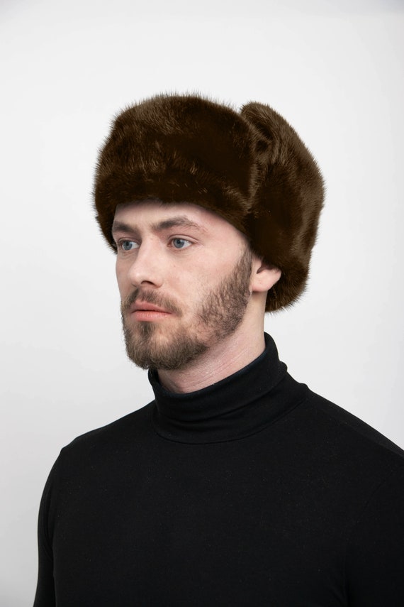 Men's Brown Mink Full Fur Ushanka Hat, Real Mink Full Fur Russian