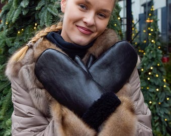Black Sheepskin/Shearling And Full Fur Women's / Men's Mittens