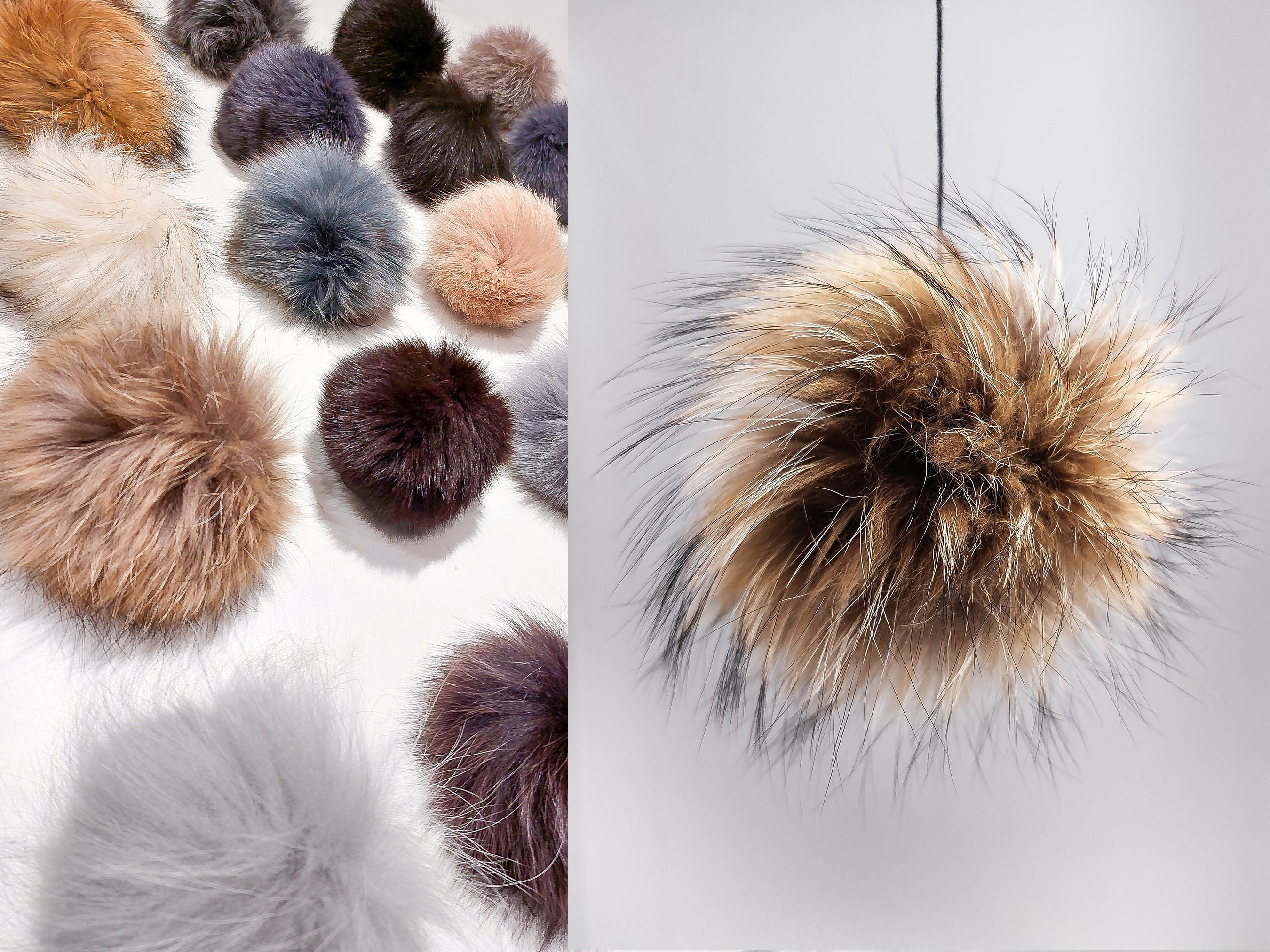 Faux Fur Pom Poms, Arctic Wolf, Neutral Faux Fur Poms, Fox Fur