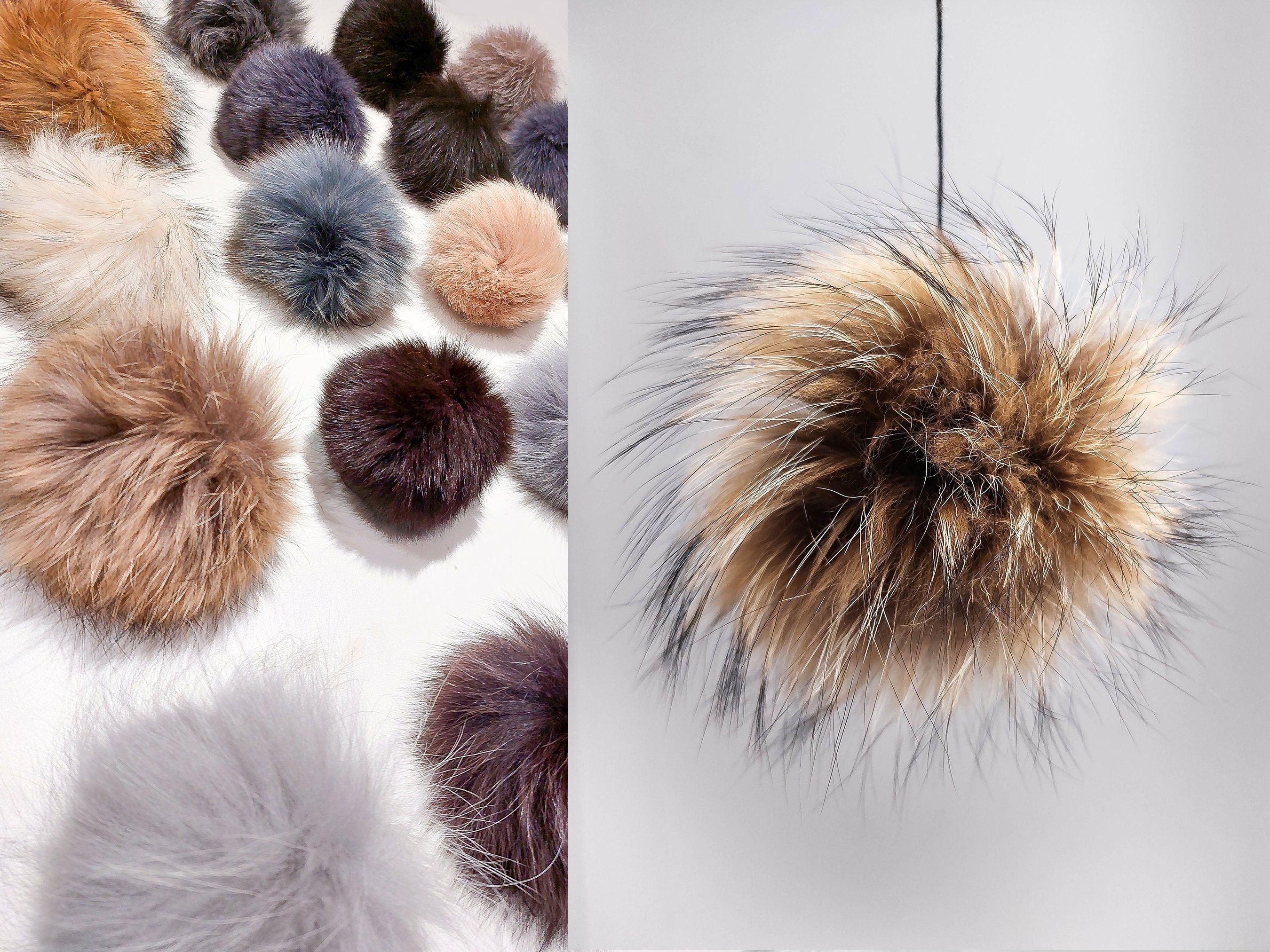 Large Pom Poms On Beanie Hat Real Animal Fluffy Raccoon Fur /fox Fur/rabbit  Fur Ball