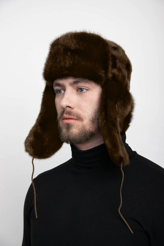 Cappello colbacco da uomo in pelliccia piena di visone marrone