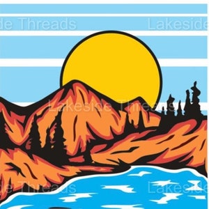 以下が含まれることがあります： 湖畔の糸のロゴ。スタイリッシュな山脈と、その上空の明るい黄色の太陽、そして青い湖が描かれている。テキスト「Lakeside Threads」は、使い古したフォントで書かれている。