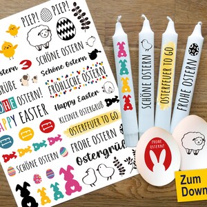 Felices Pascuas, saludos de Pascua, huevos, pollitos, motivos de Felices Pascuas para velas, pegatinas para velas en formato PDF para descargar para película de tobogán acuático