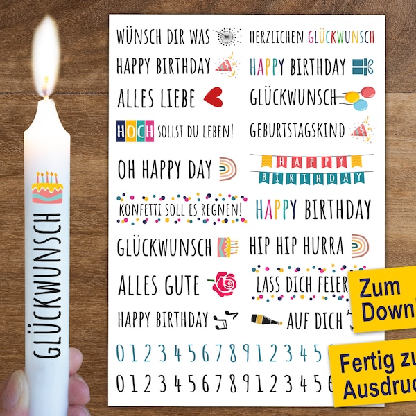 Geburtstagsgeschenk, Geburtstag, Happy Birthday Motive für Stabkerzen, Kerzen Sticker als PDF zum Downloaden für Wasserschiebefolie