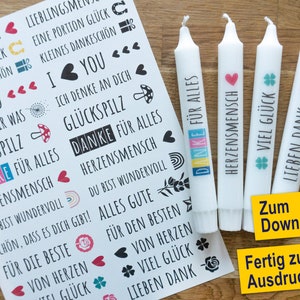 Thank you and good luck motifs as PDF for stick candles, candle stickers for downloading for waterslide film