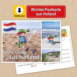 Cartolina Wichtel da scaricare – Saluti dalle vacanze dall'Olanda dal Wichtel – Accessori estivi Wichtelpost – da stampare da soli