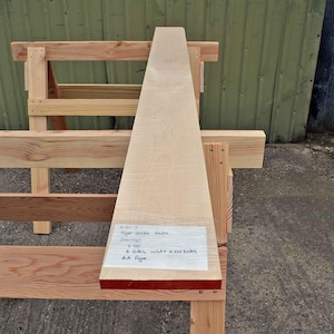 May include: A close-up of a light wood plank resting on a wooden sawhorse. The plank is labelled "Sugar Maple 12/4" and "4 Sides, wide & flat boards, AA Figure".