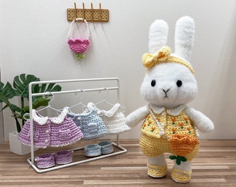 Dress-up Bunny Amigurumi Tulip Outfit set patrón de ganchillo # DUBA-01.02 / lindo juguete de ganchillo de conejo, peluche de ganchillo, muñeca de ropa extraíble
