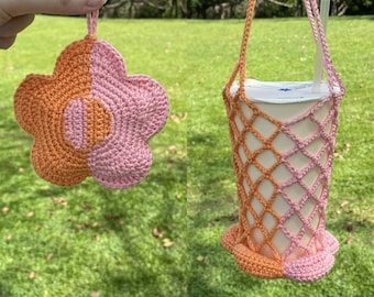 Crochet Flower Water Bottle Holder PDF pattern –flower bag charm, flower keychain, cup sleeve, crochet cup holder, market bag