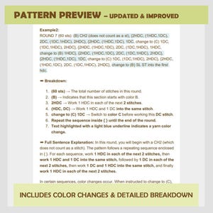 May include: A crochet pattern preview with instructions for a round of stitches. The pattern includes color changes and a detailed breakdown of the stitches. The text highlights the yarn color changes with a light blue underline.