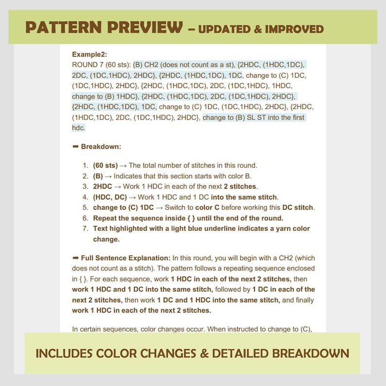 May include: A crochet pattern preview with instructions for a round of stitches. The pattern includes color changes and a detailed breakdown of the stitches. The text highlights the yarn color changes with a light blue underline.