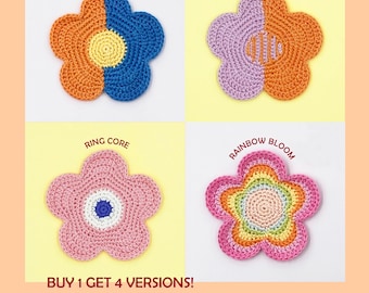 Colorful Crochet Coaster Pattern –PDF Crochet Flower Coaster Pattern, Cute Floral Coaster, DIY Boho Crochet Pattern, Rainbow Crochet Coaster