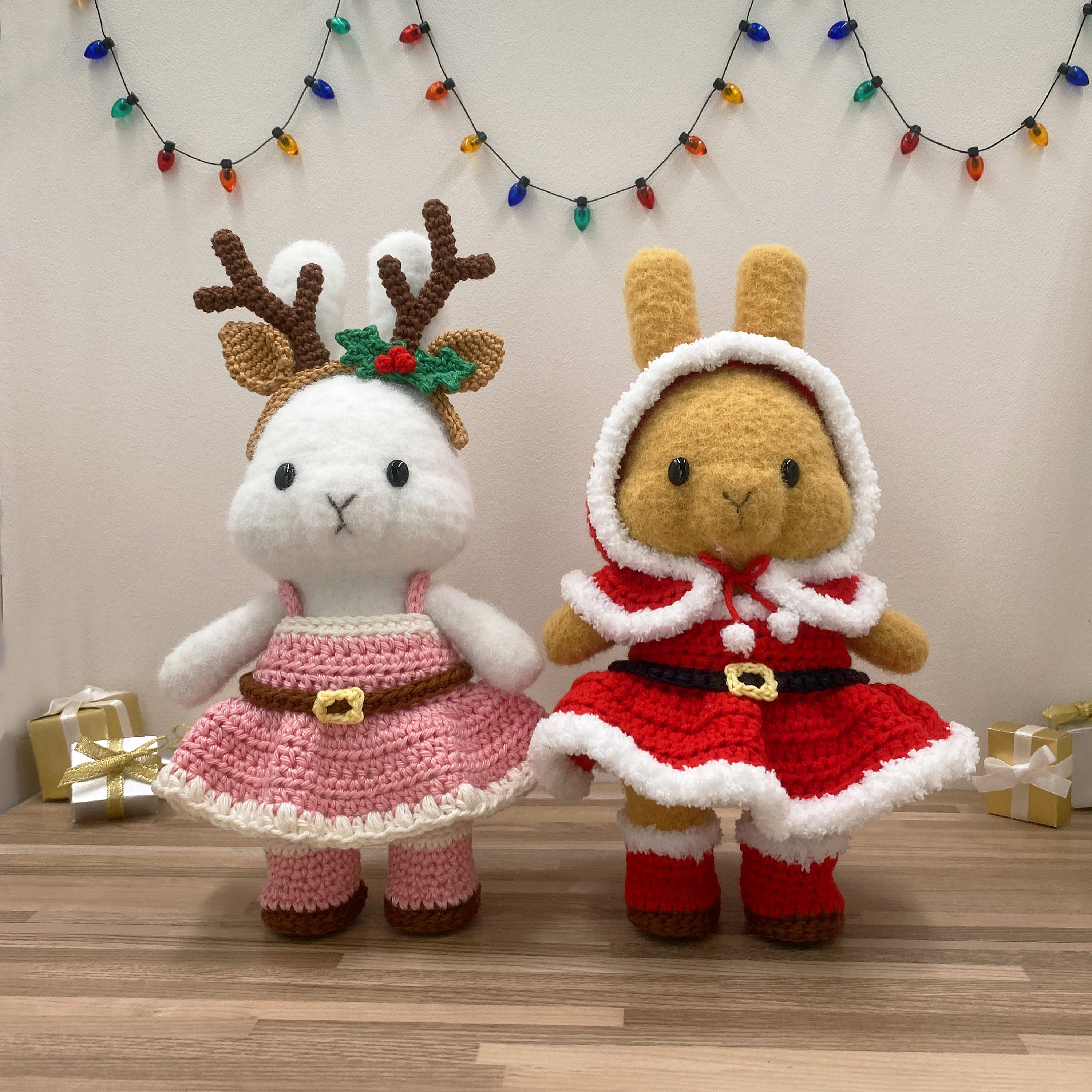 Dress-up Bunny Amigurumi Reindeer Dress set # DUBA-01.05 / lindo juguete de ganchillo de conejo de Navidad, peluche, muñeca de ropa extraíble