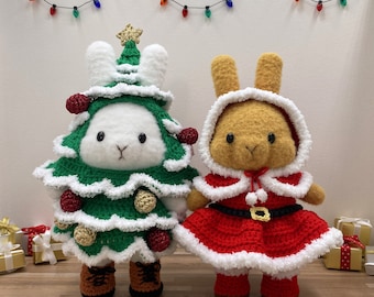 Christmas Rabbit Bunny Amigurumi, Xmas tree costume + Reindeer Dress set  3 in 1 crochet PDF patterns, Lovey Christmas plushies stuffed toy