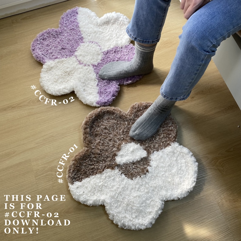 May include: Two fluffy flower-shaped rugs in white, brown, and purple. The rugs have a raised center circle. The text #CCFR-02 and #CCFR-01 is visible on the rugs.