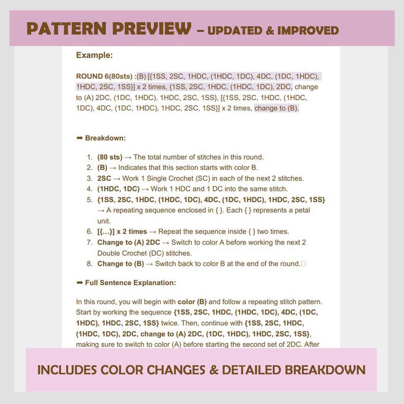 May include: A crochet pattern preview with a detailed breakdown of the stitches and color changes. The pattern includes a repeating sequence of stitches, indicated by brackets, and instructions for switching colors.