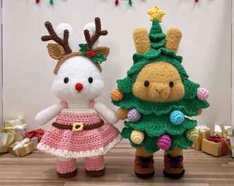 Dress-up Bunny Amigurumi Bunny + Christmas tree costume set + Reindeer Dress set # DUBA-01.04.05 | 3 patterns in 1  | XMAS doll