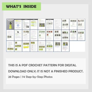 May include: A digital PDF crochet pattern with 28 pages and 74 step-by-step photos. The pattern includes instructions for a UFO foldable mesh bag. The text "WHAT'S INSIDE" is at the top of the image.