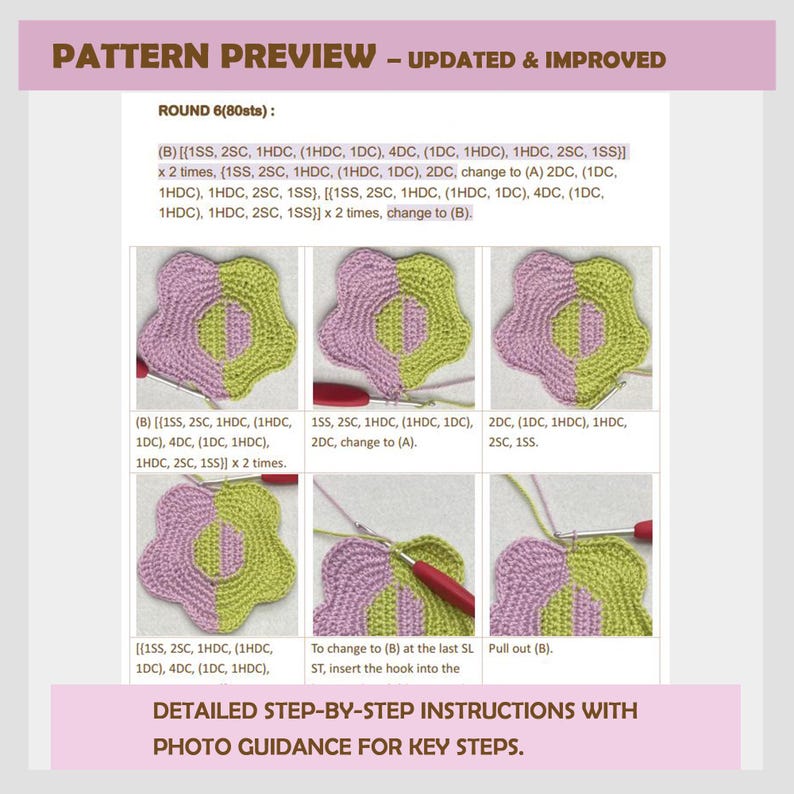 May include: A crochet pattern preview with step-by-step instructions and photos. The pattern is for a flower-shaped crochet piece with alternating pink and green sections. The instructions include a list of stitches and abbreviations.