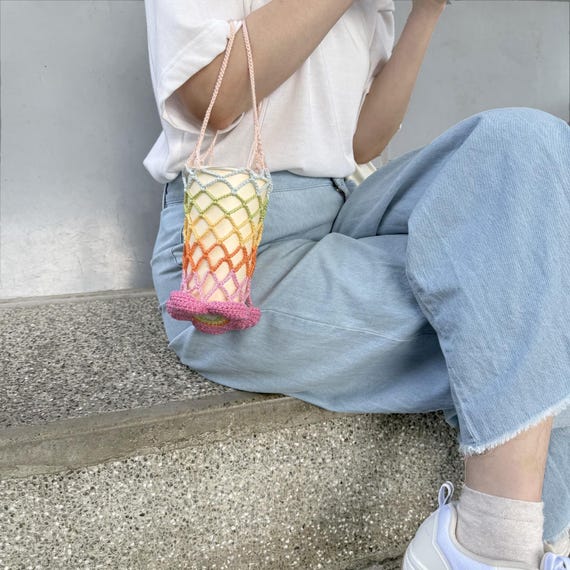 Rainbow Flower Crochet Drink Carrier PDF Pattern – Iced Coffee