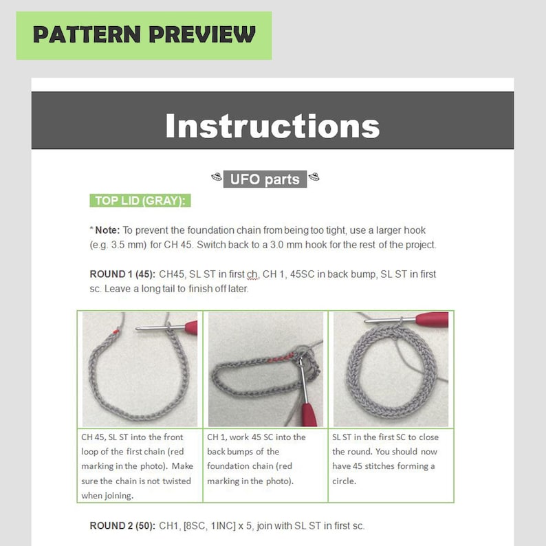 May include: A crochet pattern preview page with the title "Instructions". The instructions detail how to crochet a UFO part, including the top lid in gray. The steps are illustrated with diagrams and include stitch counts and techniques.