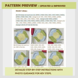 May include: A crochet pattern preview with step-by-step instructions and photos. The pattern is for a hexagon-shaped crochet piece with a blue, green, and yellow color scheme. The instructions include a list of stitches and a description of how to change colors.