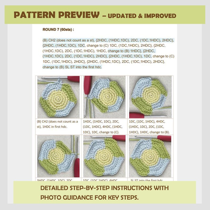 May include: A crochet pattern preview with step-by-step instructions and photos. The pattern is for a hexagon-shaped crochet piece with a blue, green, and yellow color scheme. The instructions include a list of stitches and a description of how to change colors.