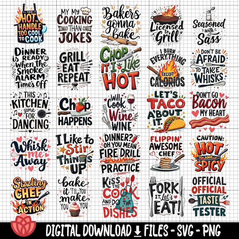 May include: A set of 25 colorful digital designs featuring funny food-related puns and sayings. The designs are perfect for creating t-shirts, mugs, tote bags, and other crafts.