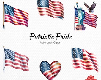 Watercolor Patriotic Pride Collection Clipart, American Flag Clipart, Independence Day Bundle, National Holiday Celebration Graphic PNG