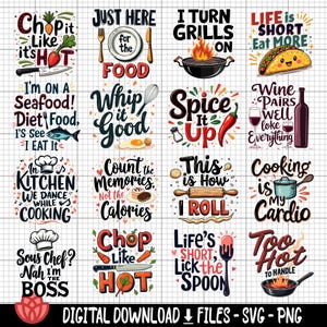 Puede incluir: Un conjunto de 12 archivos digitales descargables coloridos que presentan juegos de palabras y refranes relacionados con la cocina y la comida. Los gráficos están en un cuadrado blanco con un contorno negro y presentan una variedad de colores y fuentes. El texto incluye frases como "Chop it like it's hot", "Life's short, lick the spoon", y "Cooking is my cardio".