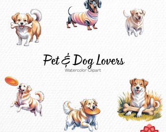 Watercolor Pet and Dog Lovers Collection Clipart, Cute Puppy Clipart, Animal Companion Bundle, Canine Friend Furry Wildlife Graphic PNG